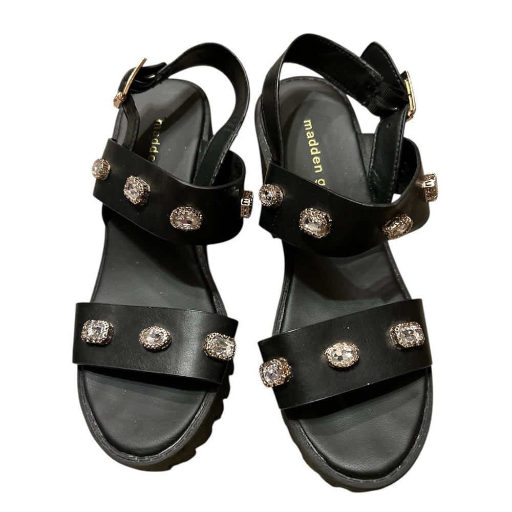 Madden Girl Storm Women's Sz 7.5 Black Jewel Lug Block Heel Platform Sandals
